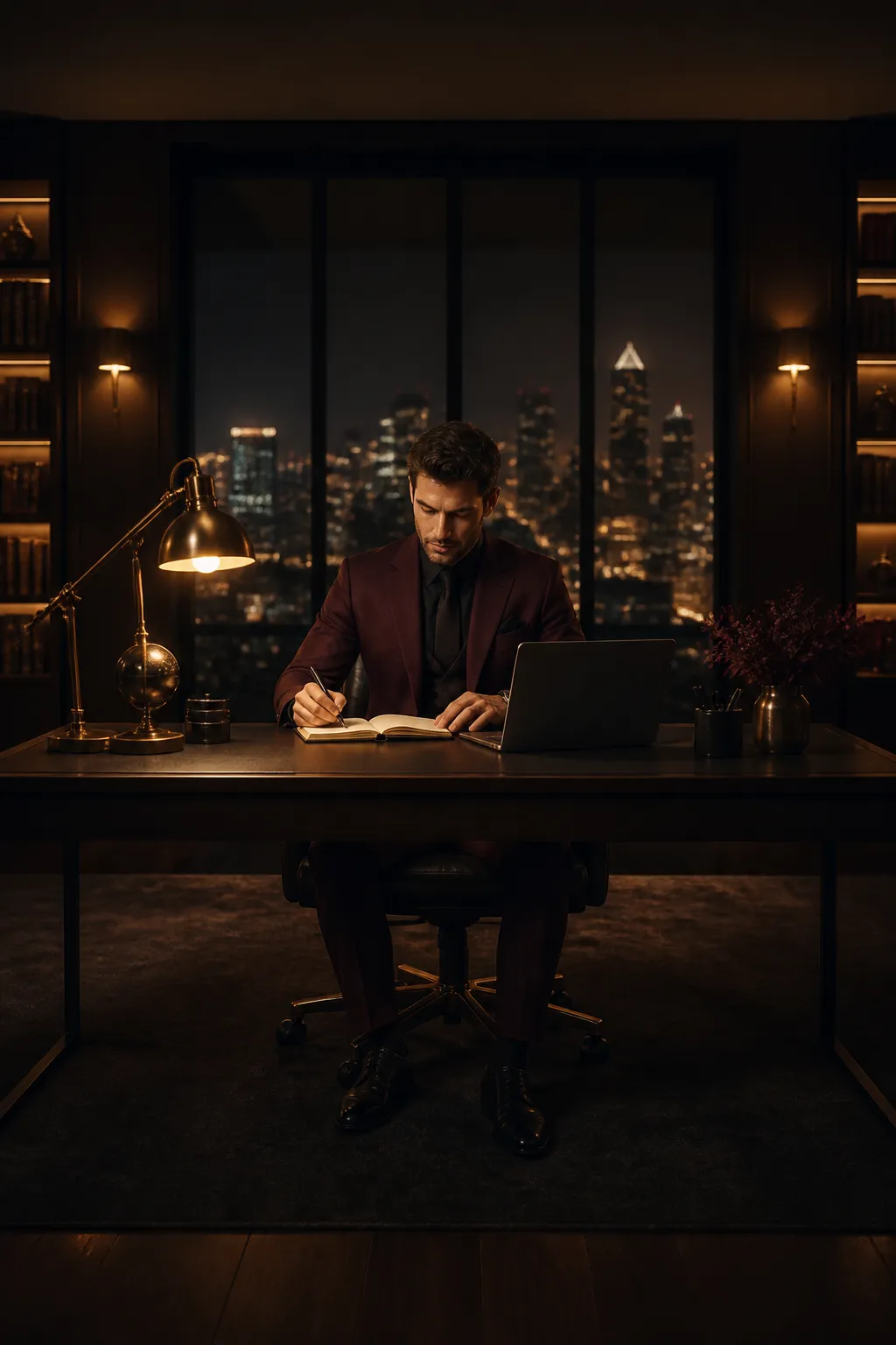 Focused entrepreneur working on business strategy in a warmly lit private office
