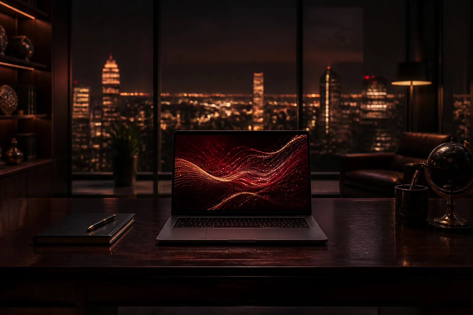 Premium AI marketing workspace with city view at night