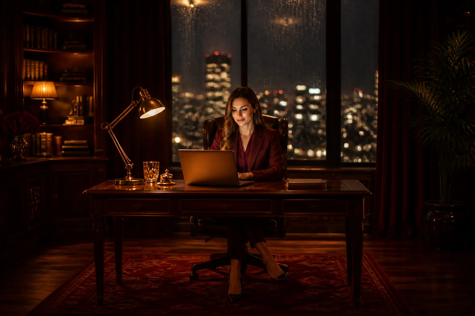 Professional reviewing their marketing system results in a private office at night